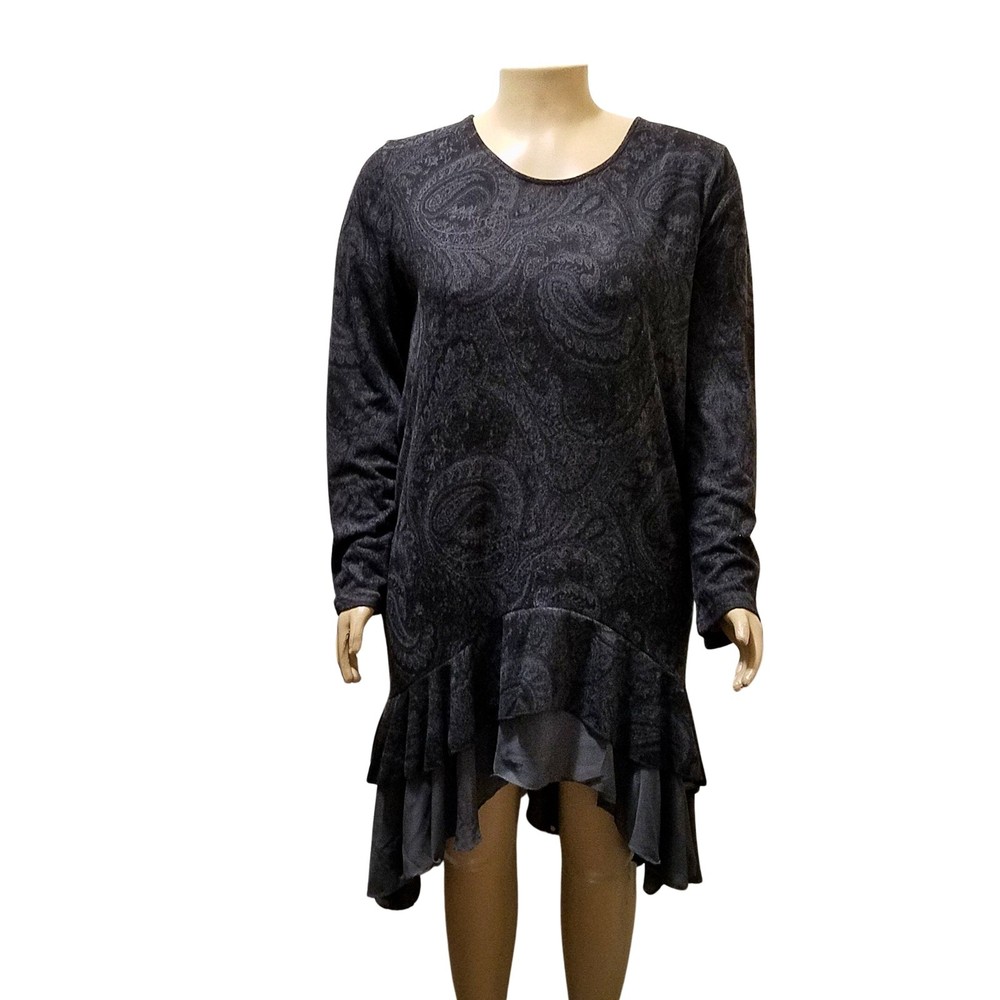 Ice Silk Gray Black Paisley Shark Bite High-Low Dress 3XL
